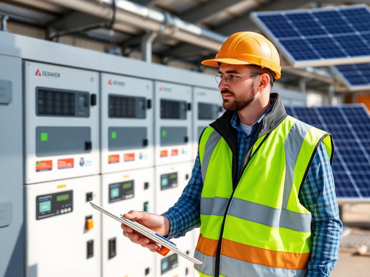 Energy engineer reviewing power and storage equipment on site