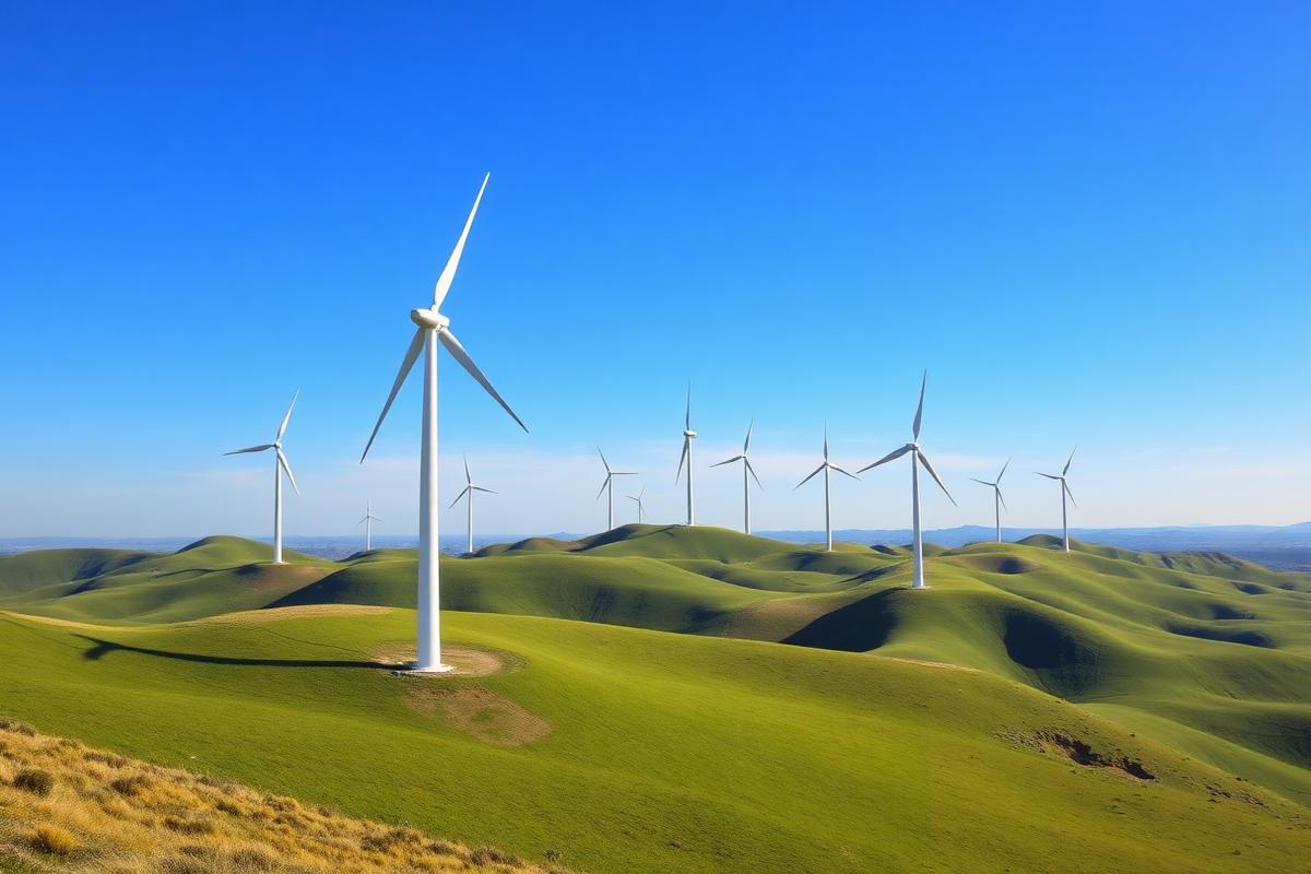 Wind turbines across green hills under a clear sky